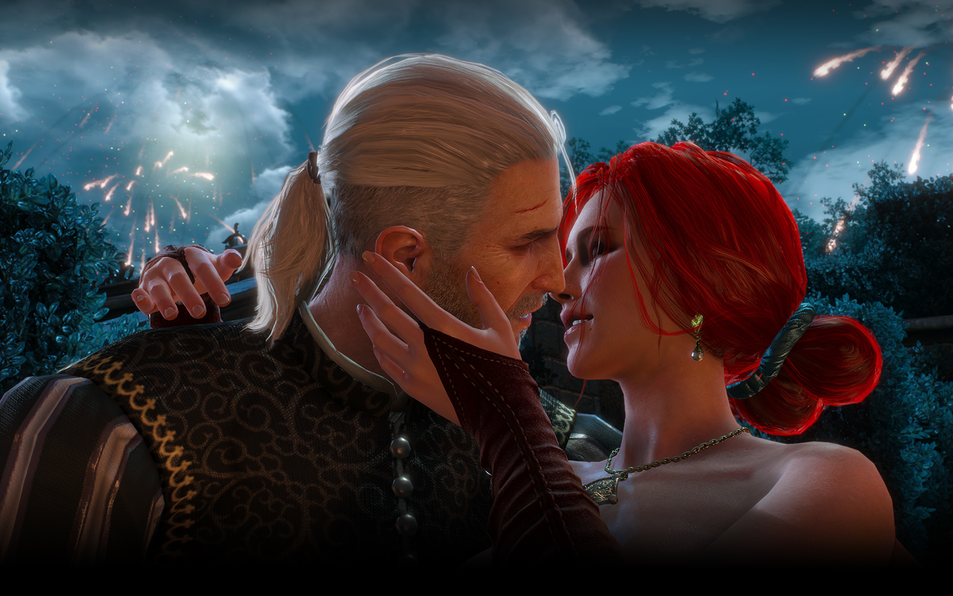 《巫师3》pc版新截图 白狼亲吻两个情人画面太美